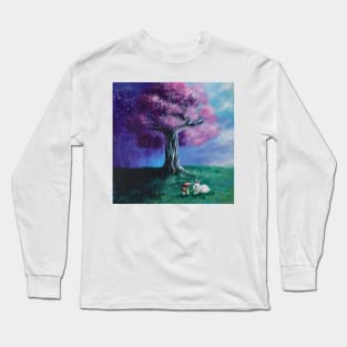 Scenery Painting Fairytale Bunny  Pink Cherry Blossom Tree Long Sleeve T-Shirt